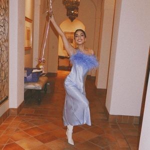 Sleeper Boheme Slip Dress with Feathers in Blue